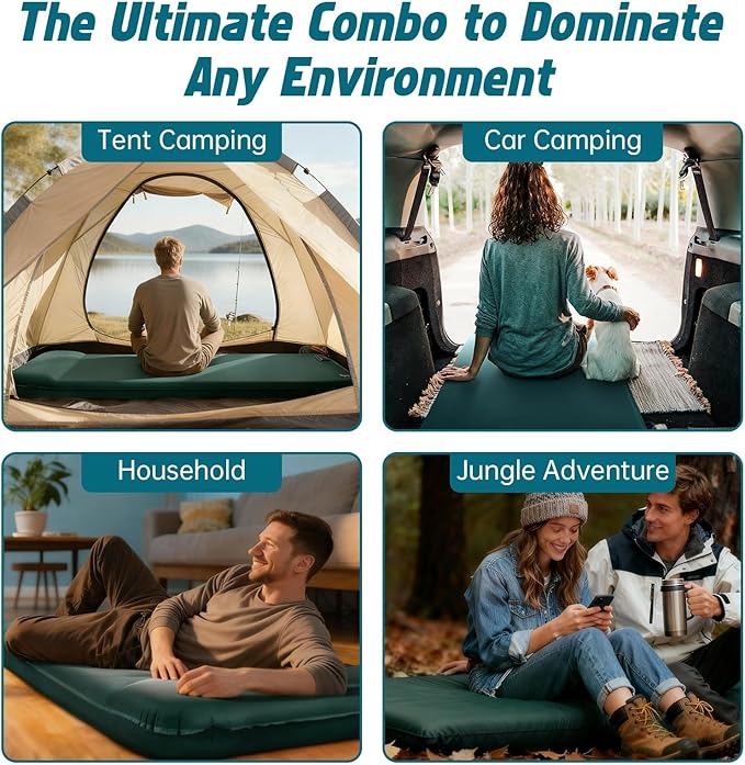 Self Inflating Sleeping Pad with Waterproof Tarp, 3.2" Extra Thick Built-in Electric Pump Air Mattress for Car Camping, R-Value 9.5 All-Season Winter Gear, Roll-up Compact Mat