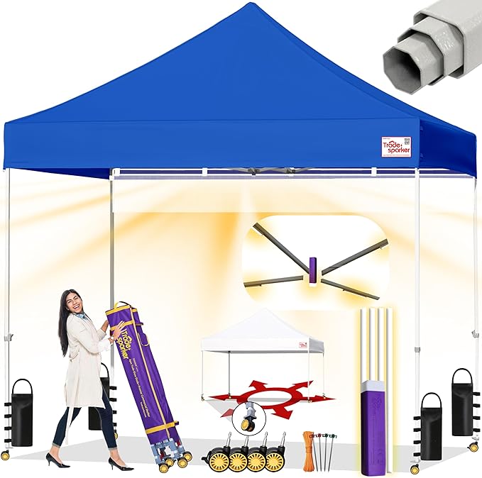 Tradesparker 10x10 Pop Up Canopy Tent,Commercial Movable Canopy with ApexCore LED&Rugged Casters-Instant Easy Setup Shelter Canopies with Weight Bags&Stakes for Outdoor Events Markets Vendors,Blue