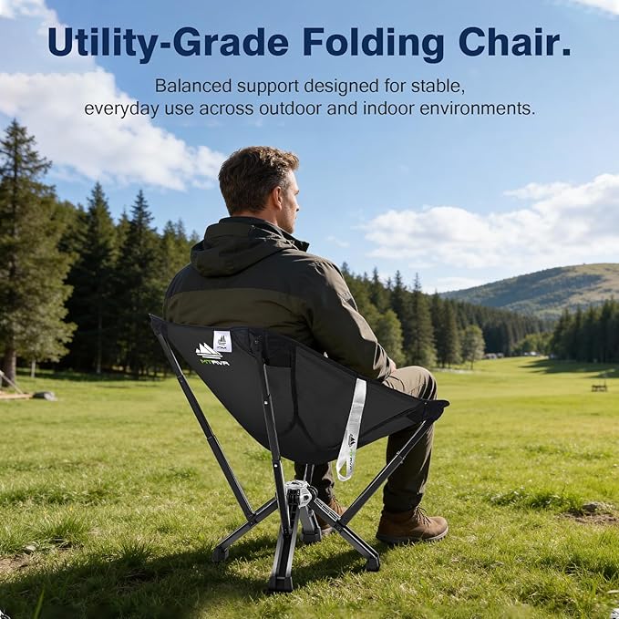 Utility-Grade Folding Chair — Stable One-Piece Structure, Authorized Folding Structure Patent, Balanced Aluminum Support, Compact & Portable Chair for Camping, Fishing & Everyday Outdoor Use