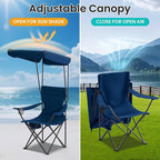 Portable Camping Chair 2 Pack with Foldable Canopy, Folding Outdoor Chair with Cup Holder & Side Pocket for Camping, Hiking, Picnic, Beach (Navy Blue)