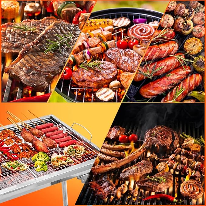 Charcoal Grill, Barbecue Grill Stainless Steel BBQ Smoker Barbecue Folding Portable for Outdoor Cooking Camping Hiking Picnics Backpacking Large