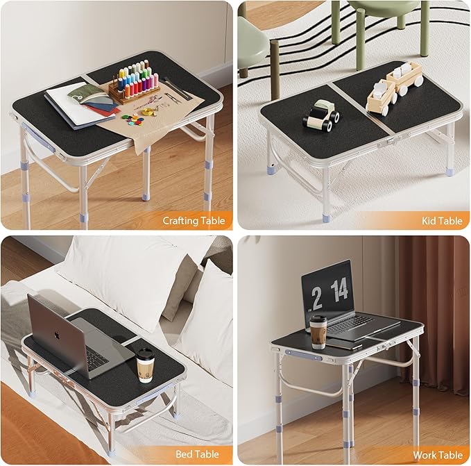 VINGLI Small Folding Table Portable 2FT Aluminum Foldable Camping Table for Picnic Card Table with 3 Adjustable Height & Carry Handle for Outdoor Indoor Hiking Camp BBQ Beach-Black