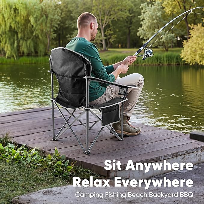 DUMOS Folding Camping Chairs, Outdoor Collapsible Padded Chairs with Cup Holder & Cooler Bag, Heavy Duty Portable Camping Chair for Garden Beach Fishing Sports, Blue
