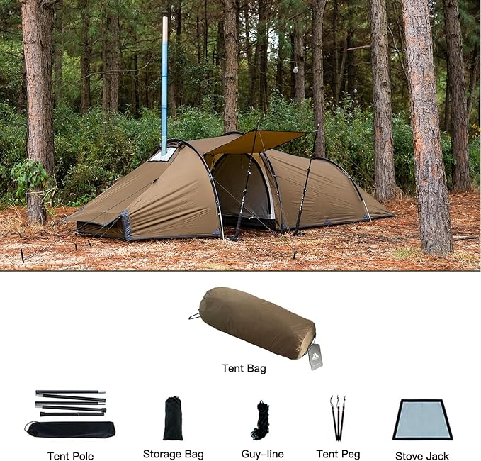 POMOLY Tunnel Tent for 1-2P Camping, Locomotive 2 Chimney Tent for 4 Season Hiking, Backpacking, Hunting (Without a Ground Sheet)