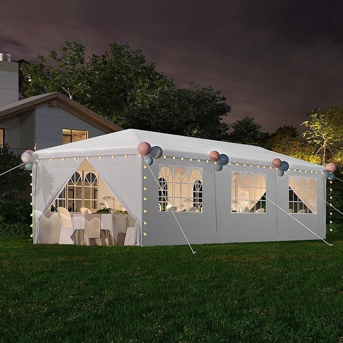 EROMMY Outdoor Party Tent 10x30 FT, Waterproof Canopy with 6 Removable Sidewalls and 2 Zipper Doors for Weddings, Events, Backyard Parties, White