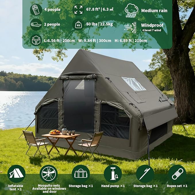 NANJEEN® | Large Luxury Inflatable Camping Tent,Wind & Rain Resistant,12㎡ Interior,2-10 Person Shelter,8 Minutes Fast Setup with Hand Pump,All-Season Ready,Dual Doors,Mosquito-Proof Mesh Windows