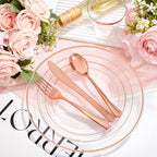 bUCLA 150PCS Clear Rose Gold Disposable Dinnerware set - Rose Gold Plastic Plates Include 25 Dinner / 25 Dessert Plates, 25 Knives, 25 Forks, 25 Spoons, 25 Cups for Party, Wedding & Valentines Day