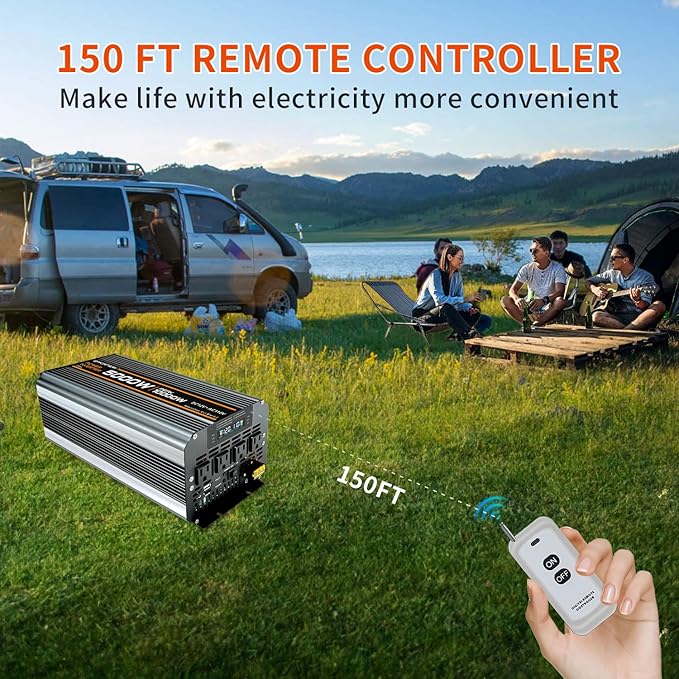5000 watt Power Inverter DC 12V to AC 110V/120V Converter,10000w Peak.Comes with LCD Display,Wireless Controller, 4AC outlets,1USB.RV Inverter,Suitable for Camping,and Off-Grid Solar Inverter Systems