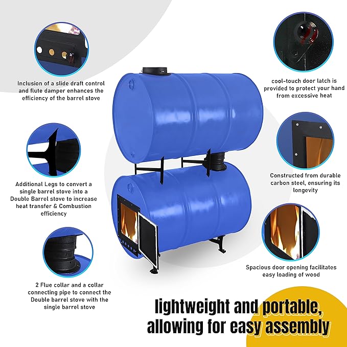 Double Barrel Stove Kit – Perfect For 30 to 55 Gal Drum Wood Stove Kit - Heavy Duty Steel Barrel Camp Stove Kit w/Stove Door - DIY Oil Barrel Stove Kit Heat for Winters in Workshop, Cabin, Garage