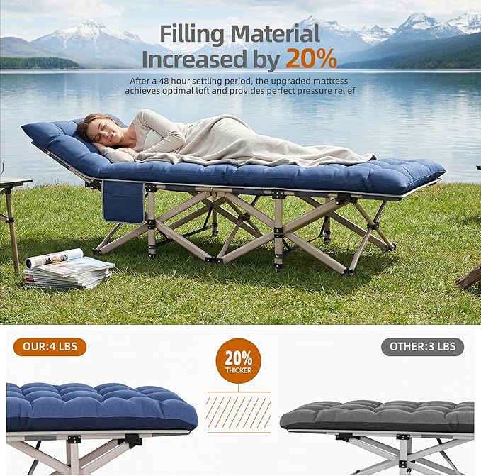 Folding Camping Cot for Adults - 2 Pack Heavy Duty Sleeping Cots with Carry Bag Double Layer Oxford Portable Travel Camp Cots for Outdoor Camp Beach Home Office (Blue Pad & Gray Pad, 2PACK)