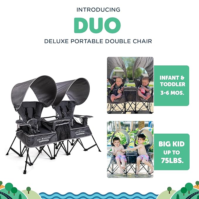 Baby Delight Go with Me Duo Deluxe Portable Chair | for Kids | Double Seat | Indoor and Outdoor | Grey
