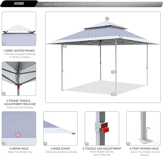 ABCCANOPY 13x13 Pop Up Canopy with Double Ventilated Top, 4 Sandbags, 4 Ropes and 8 Stakes (Gray)