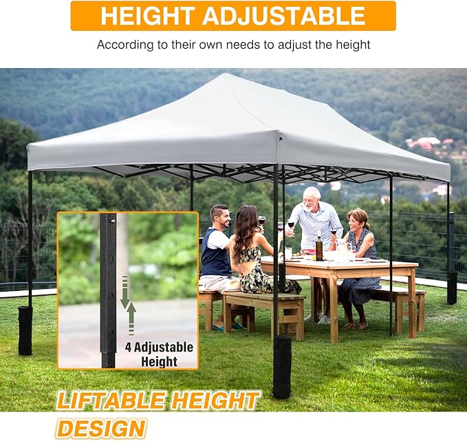 10x20fT Pop-Up Canopy Tent – Adjustable Height Outdoor Gazebo, Quick Setup with Sandbags, Ground Stakes & Ropes, Perfect for Outdoor Activities, White