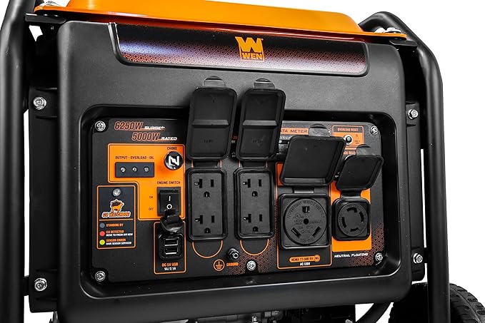 WEN GN625iX 6250-Watt RV and Transfer-Switch-Ready 120V/240V Open Frame Inverter Generator with CO Shutdown Sensor and Wheel Kit, Black/Orange
