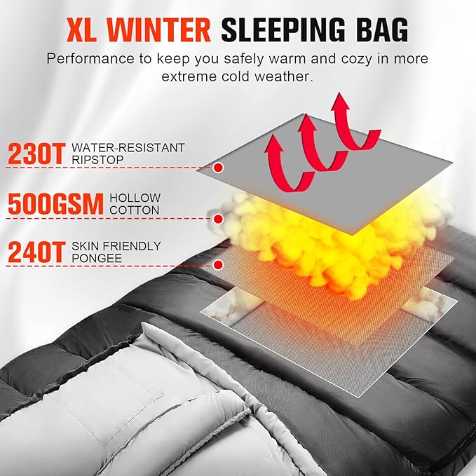 0 Degree Sleeping Bag for Adults, XXL Big and Tall 4 Season Cold Weather Winter Camping with Compression Sack