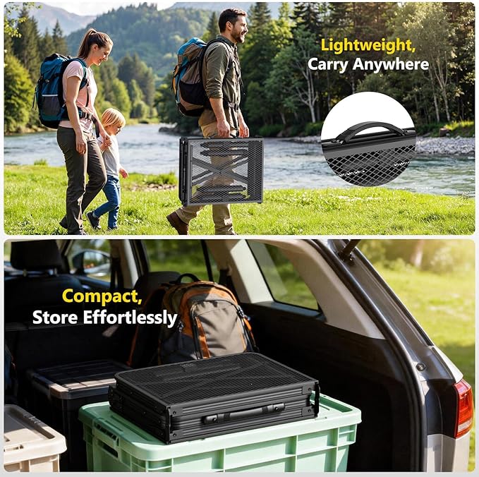 Tri-fold Camping Table, 3 Heights Adjustable Grill Table with Storage Bag, Aluminum Frame Folding Tables, Portable Handle for Outdoor Camping Picnic Cooking BBQ, 35.43"x15.75", Black