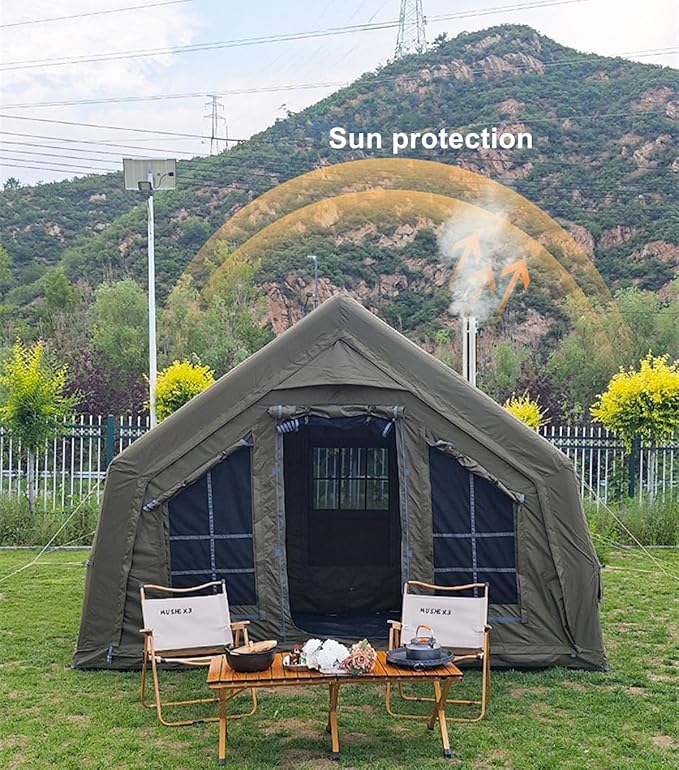 4 Season Air Tent Glamping Tent with Separate Living and Sleeping Area,Waterproof Pop-Up Outhouse Yurt with Pump and Stove Jack Hole, 8-10 Person Camping Quick Set Up