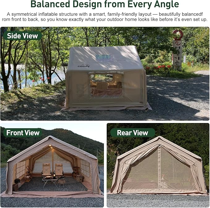 Coody Inflatable Canvas Camping Tents with Stove Jack – Premium Air Beam Family Glamping Tent, Breathable Cotton Canvas, Fast Setup Air Tent with Pump