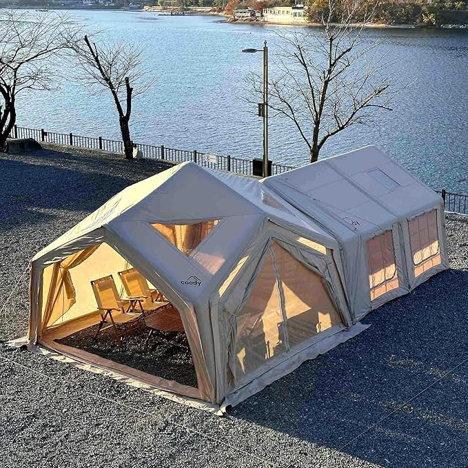 Coody Inflatable Canvas Camping Tents with Stove Jack – Premium Air Beam Family Glamping Tent, Breathable Cotton Canvas, Fast Setup Air Tent with Pump