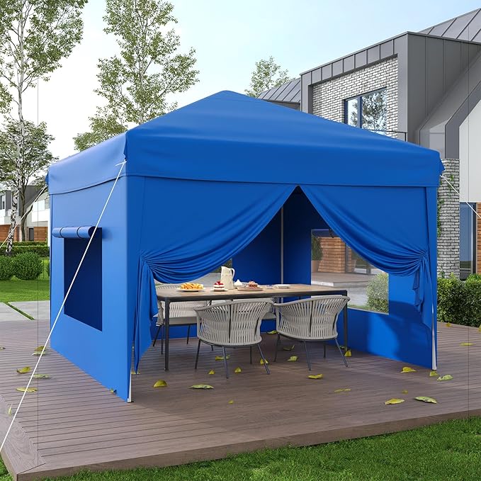 10x10FT Pop Up Canopy with Sidewalls, Outdoor Canopy Tent with SandBag & Carry Bag for Commercial Events, Camping, Backyard Parties, Blue