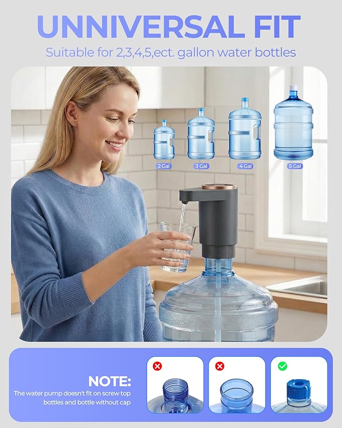 Water Jug Pump for 5 Gallon Bottle – Portable Electric USB-C Charging Dispenser, Dual Powerful Motors, Fast Flow, Fits 2-5 Gallon Jugs – Ideal for Home, Office, Camping, RV, Gray