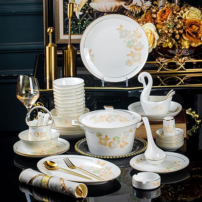 Cups and Saucers Set Nordic Ceramic Tableware Suit Glaze Dish Combination Dishes Suitable for Family Hotel Restaurant 60 Piece