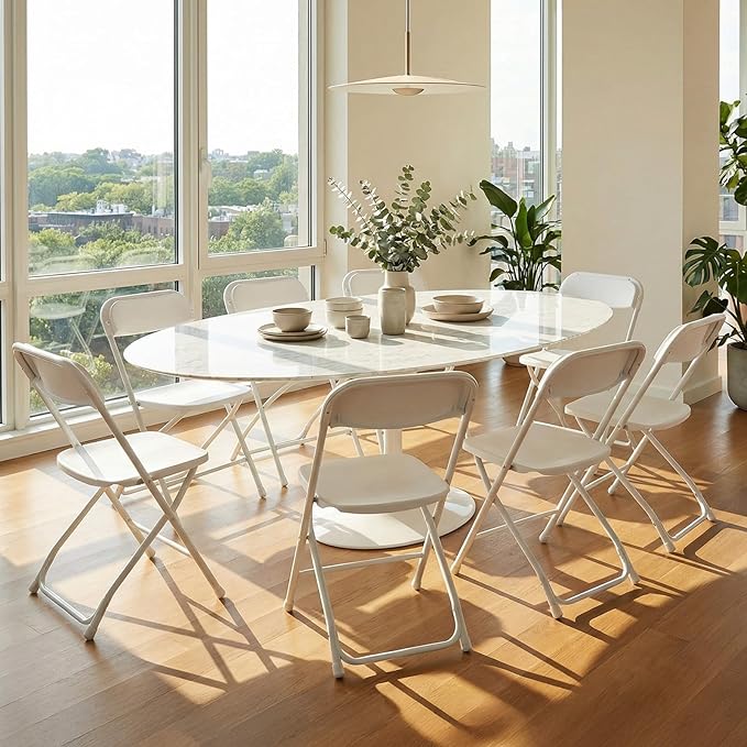 DUMOS Folding Chairs Sets of 8, 330lbs Capacity Plastic Stackable Home Office Chair, Portable Fold Up for Indoor Outdoor, Patio, Camping, Garden, Party (White)