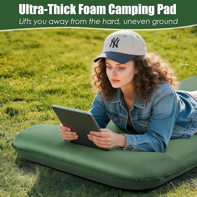 Memory Sleeping Pad, 3.1" Self Inflating Sleeping Pad for Camping, Easy Inflate & Deflate, Portable Foam Mattress with Pillow, 9.5 R-Value Insulated Sleeping Mat for Backpacking, Car, Travel, Tent