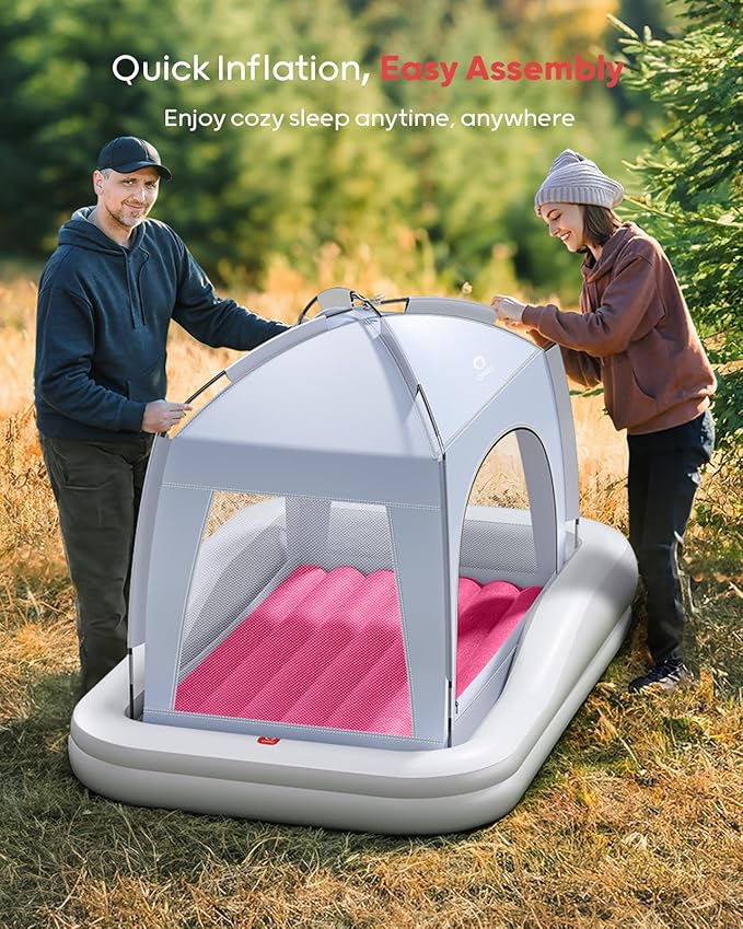 QPAU Inflatable Toddler Travel Bed with Tent, Portable Kids Air Mattress with Safety Sides, Ideal for Home, Grandma's, Camping, Traveling -Includes Fast Electric Pump