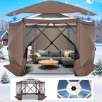 COBIZI 12x12FT Pop Up Gazebo Screen Tent Screen House for Camping, Screen Room with Mosquito Netting, Hub Tent Instant Screened Canopy with Carrying Bag and Ground Stakes, Brown