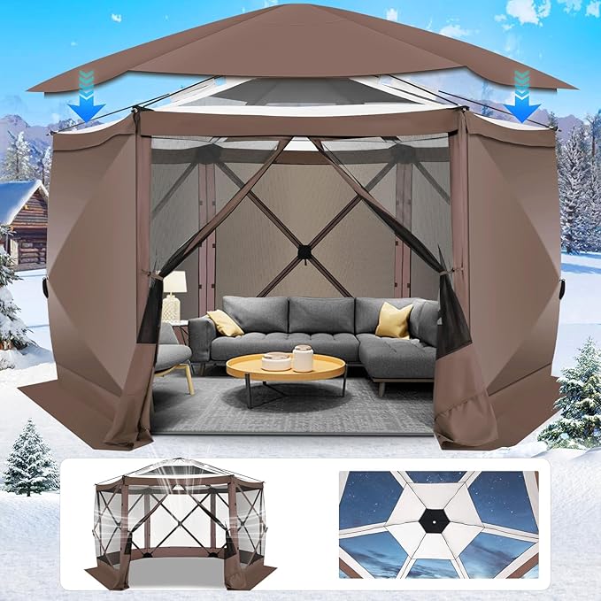 COBIZI 12x12FT Pop Up Gazebo Screen Tent Screen House for Camping, Screen Room with Mosquito Netting, Hub Tent Instant Screened Canopy with Carrying Bag and Ground Stakes, Brown