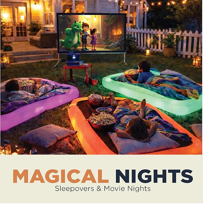 The Shrunks Inflatable Travel Bed with LED & Remote – Portable Kids Air Mattress for Travel, Camping & Sleepovers – Blow Up Bed with Glowing Halo Designed for Balance – Twin Size