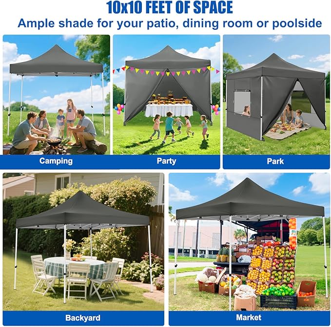 Yesker 10x10 Pop Up Canopy Tent with 4 Sidewalls Portable Folding Outdoor Canopy Easy Setup Gazebo Waterproof Instant Popup Shelter Tent w Wheeled Carry Bag sandbags for Events Parties Camping, Gray