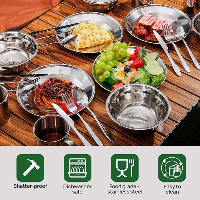 Odoland 29pcs Stainless Steel Utensils Camping Mess Kits with Bowls Plates Cups Forks Spoons and Knives for 4, Cutlery Flatware Set for Backpacking, Outdoor Camping Hiking and Picnic