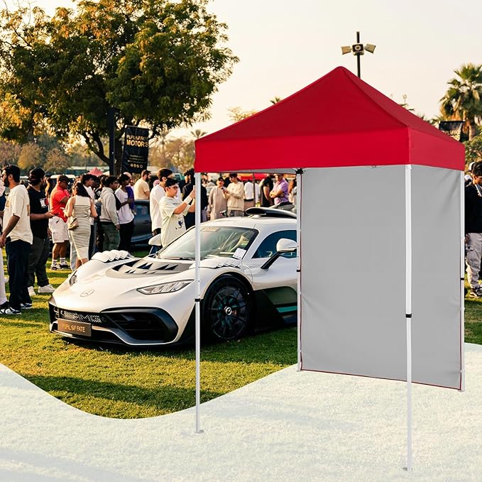 5x5 Pop Up Canopy Tent with One Sidewall, Instant Portable Beach Canopy, Outdoor Tent with Carry Bag for Camping, Sports, Tailgating, Events, Red