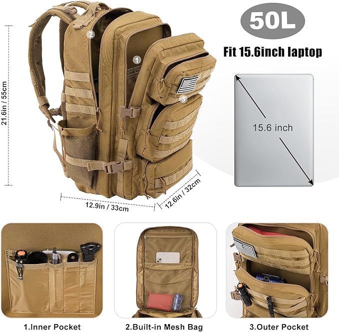 Military Tactical Backpack 50L Large Day Backpack for Men Molle Army 3 Days Assault Pack Bug Out Bag Water Resistant and Heavy Duty Hiking Treeking Rucksack - Brown