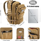 Military Tactical Backpack 50L Large Day Backpack for Men Molle Army 3 Days Assault Pack Bug Out Bag Water Resistant and Heavy Duty Hiking Treeking Rucksack - Brown