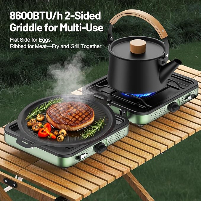 Portable Camping stove, 2 Burner Foldable Camping Stove with Griddle and Carrying Bag & Hose, 8600BTU Portable Propane Camp Stove with Ignition & 2 Adjustable Burners,for Camping Tailgating BBQ Grill