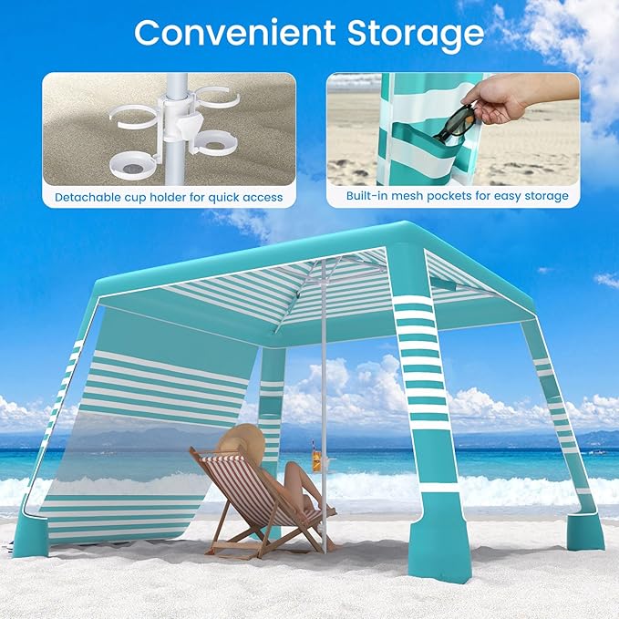 MoKo Beach Cabana, 8'×8' Large Beach Canopy with Side Wall, UPF 50+ Protection Easy Setup Beach Tent Sun Shelter, Adjustable Height Wind Resistant Cabana Beach Tent for Whole Family, Green Stripe