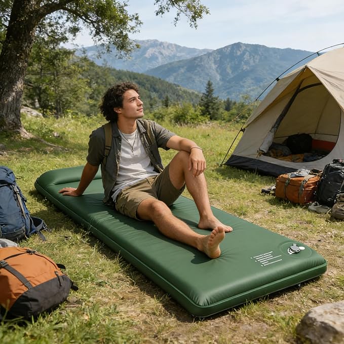 Memory Sleeping Pad, 3.1" Self Inflating Sleeping Pad for Camping, Easy Inflate & Deflate, Portable Foam Mattress with Pillow, 9.5 R-Value Insulated Sleeping Mat for Backpacking, Car, Travel, Tent