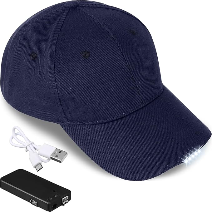 Coume Baseball Cap with Light Rechargeable LED Hat with USB Cable and Battery, Full Cotton Adjustable Headlamp Hat for Fishing Jogging Camping Hand Work(Navy Blue)