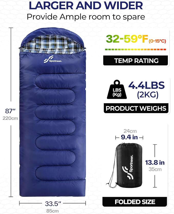 Sportneer Sleeping Bags for Adults, 0 Degree Sleeping Bag XL Flannel Winter Cold Weather Sleeping Bag with Detachable Hood Compression Sack for Camping, Backpacking, Hiking