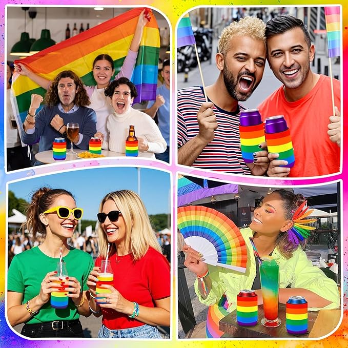 18 Pack Pride Rainbow Can Cooler Sleeves Beer Drink Can Bottle Cooler Sleeves Cooler Collapsible for Pride LGBT Bisexual Parades Decorations Party Favors Accessories
