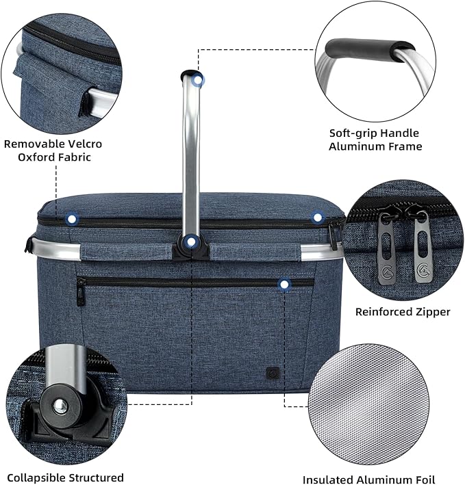 ALLCAMP Picnic Basket - 2 Ice Box Included 32L Insulated Cooler, Thickening Foldable Picnic Basket with Removable Baskets & Sewn-in Frame, Basket for House Warming Gifts New Home(Blue)
