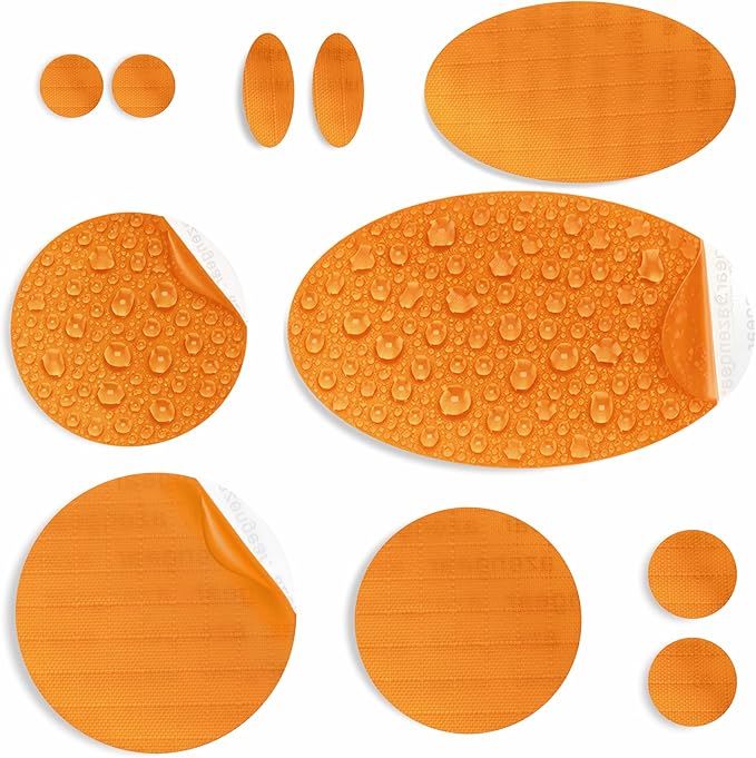 aZengear Repair Patches for Jackets, Tent, Shoe Toe, Air Mattress, Inflatables, PVC Gear - Waterproof, Self-Adhesive, Tear-Cold-Heat-Resistant, Down Puffer Coat (11 Pcs, Gold Orange)