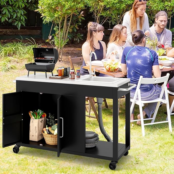 Happygrill 56" Outdoor Grill Table with Sink & Drainage, Heavy Duty Metal Grill Cart with Stainless Steel Top & Storage Cabinet, Outdoor Prep Table with Handles & Wheels for Patio, Garden & Backyard