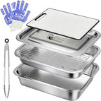 7-Piece Grill Prep and Serving Tray Set, Stainless Steel BBQ Marinating Container with Lid, Cutting Board, Wire Rack, Tongs & Heat Resistant Gloves, Stackable Large Meat Pan for Camping & Tailgating