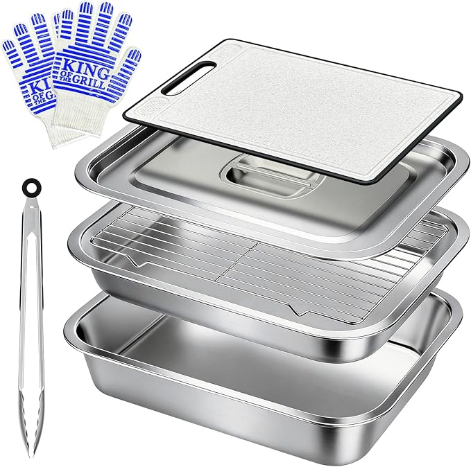 7-Piece Grill Prep and Serving Tray Set, Stainless Steel BBQ Marinating Container with Lid, Cutting Board, Wire Rack, Tongs & Heat Resistant Gloves, Stackable Large Meat Pan for Camping & Tailgating