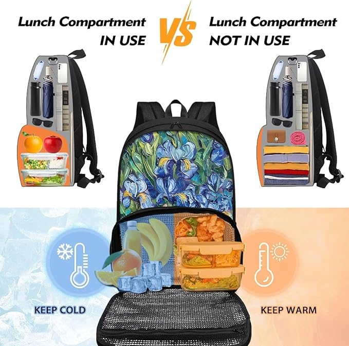 Hiking Picnic Food Cooler Backpack for Teens Men Women Primary Middle High School Bookbag Outdoor Laptop Bag All In One Backpack Meal Bag, Cat in Irises Floral