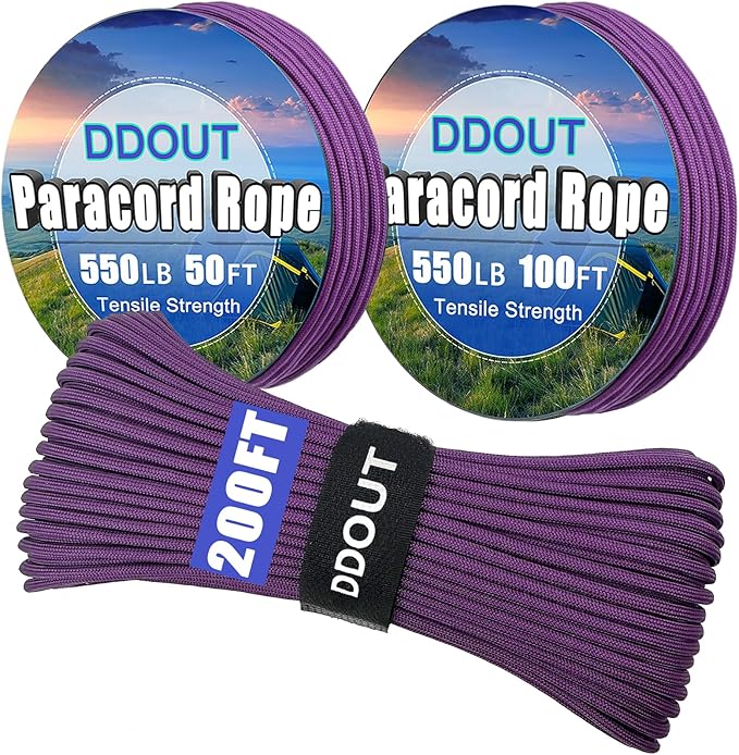 Paracord Nylon Rope Purple 100ft with 7-Strand Core, 10 Colors and 50/100/200 ft, Type III Parachute Cord 4mm for Camping, Survival, Hiking, DIY, Crafting, Outdoor Utility Rope